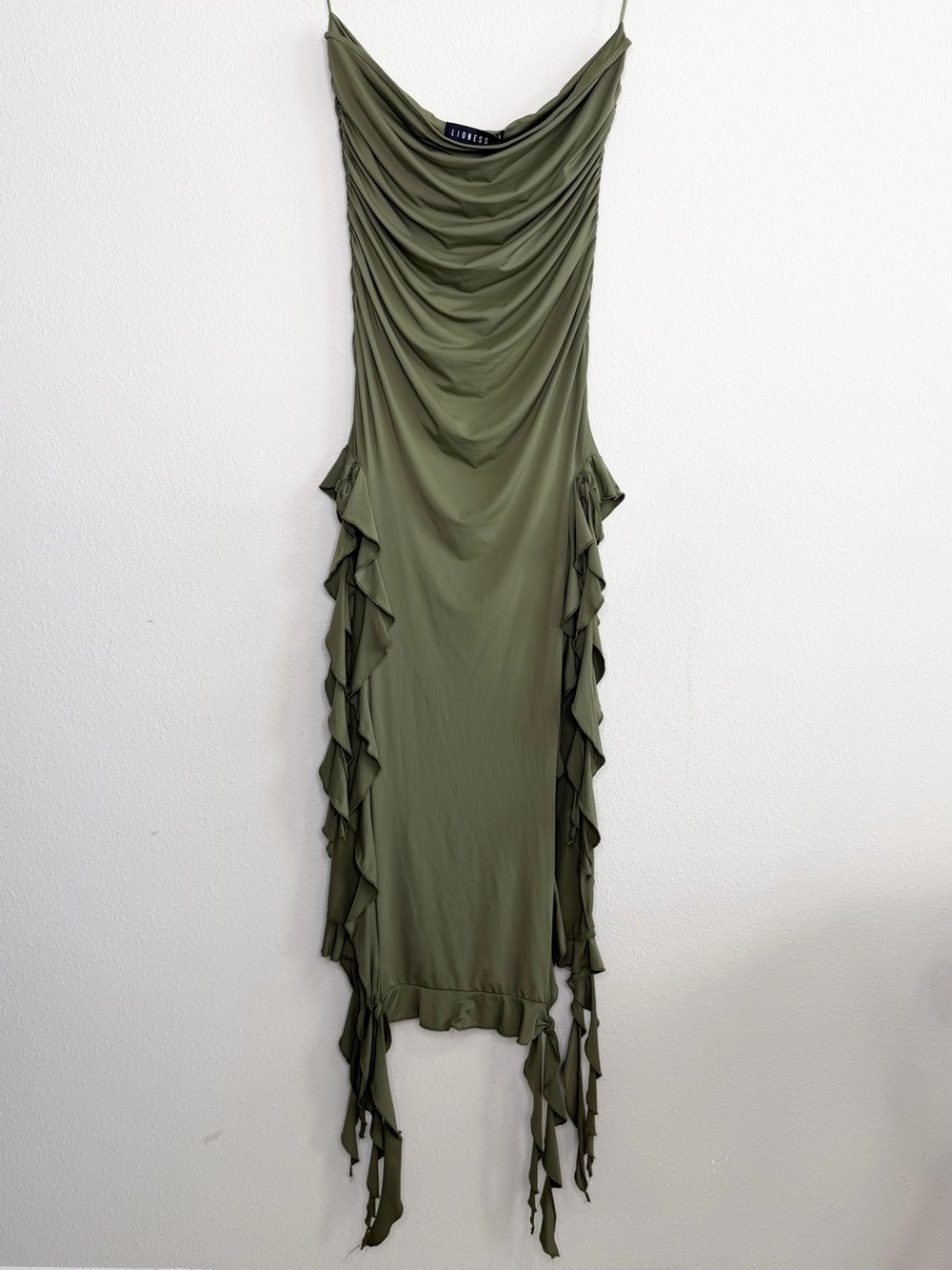 Lioness Rendezvous Strapless Olive Green Ruffle Slit Maxi Dress Size Large - Picture 3 of 6